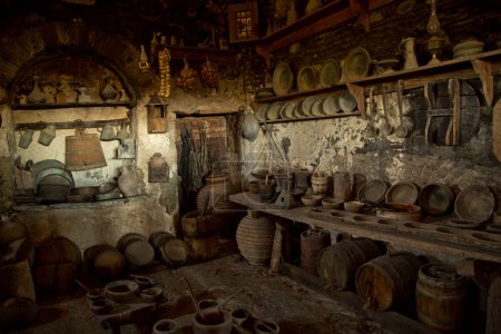 Photo for METEORA, GREECE. 22 OCTOBER  2021. Antique kitchen at Spaso-Preobrazhensky Monastery ( Great Meteor), Meteora, Greece. - Royalty Free Image