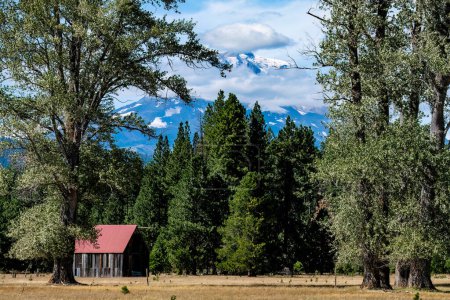Foto de Granero de techo rojo con vistas. Granero y pasto, enmarcado por árboles y respaldado por el monte. Adams.. - Imagen libre de derechos