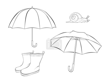 Parapluie Bottes de pluie Escargot ligne art contour vectoriel illustration sur fond blanc