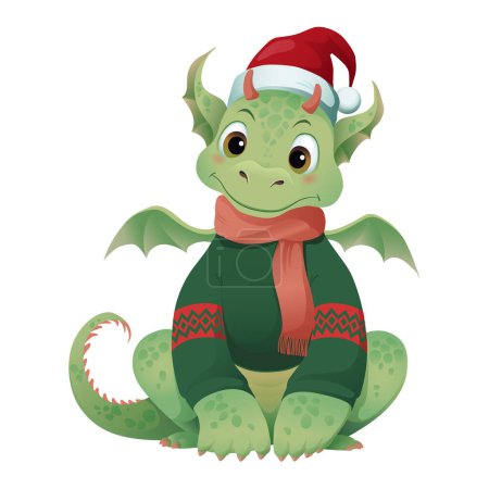 Cute green baby dragon in a Christmas hat and sweater. New year character for greeting cards with Merry Christmas and New Year, decor, wrapping, and packaging design. Vector illustration EPS 10