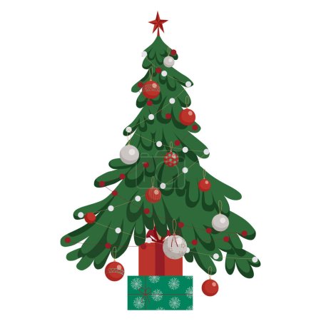 Grüner Weihnachtsbaum, geschmückt mit Kugeln und Girlanden und Geschenkverpackungen. Weihnachtskarte, Webdesign, Poster, Spiel und Bannerdesign. Vorlage. Isolierte Vektorabbildung EPS 10.