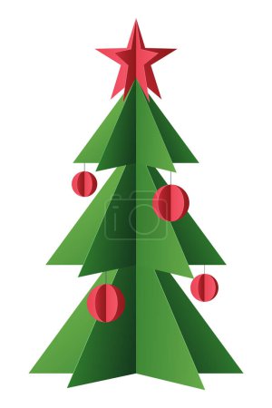 Illustration for Paper-cut Christmas tree decorated with red balls and star. Christmas card, web design, poster, game, and banner design elements. Template. Isolated vector illustration EPS 10. - Royalty Free Image