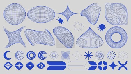 Set of abstract brutalist elements, wireframes, 3d geometric shapes, and grid deformation. Cyberpunk and retro futuristic forms. Vector Y2K aesthetic geometric graphic.