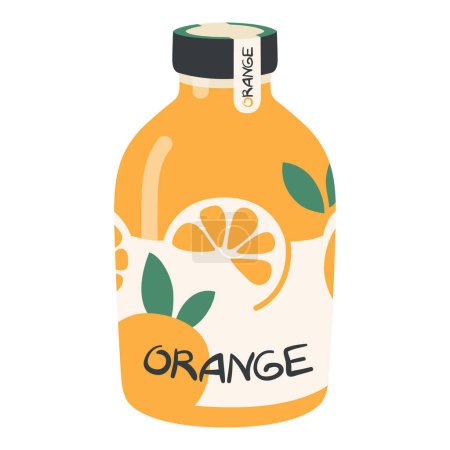 Illustration for Fresh orange juice in a glass bottle. Natural healthy fruit drink. Cooling summer citrus beverage. Flat style vector illustration on a white background. - Royalty Free Image