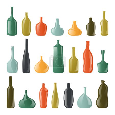 Abstrakte Flaschen und Vasen Vektor-Set. Sammlung moderner gebogener einfarbiger Dekorflaschen, Vasen und Krüge. Darstellung der Vektorsymbole auf weißem Hintergrund.  
