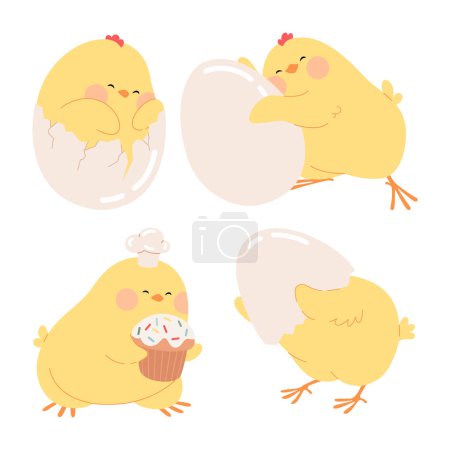 Ilustración de Lindo conjunto de pollo de dibujos animados. Pollitos amarillos de Pascua eclosionados de huevos. Personajes divertidos de aves de granja bebé. Ilustración vectorial aislada sobre fondo blanco para tarjetas, banners y pegatinas de Pascua. - Imagen libre de derechos
