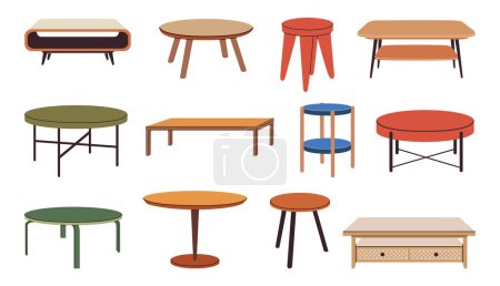 Conjunto de mesas escandinavas. Mesas de centro muebles de decoración para el hogar. Redonda y rectangular, de madera y metal sala de estar modernas mesas. Ilustración vectorial plana de dibujos animados aislada en blanco.