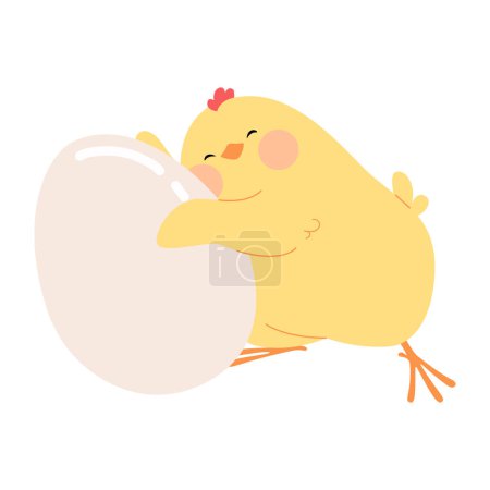 Ilustración de Linda chica de dibujos animados abrazando un huevo. Amarillo Pascua pollo divertido carácter nestling. Ilustración vectorial aislada sobre fondo blanco para tarjetas, banners y pegatinas de Pascua. - Imagen libre de derechos