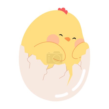 Ilustración de Lindo pollo de dibujos animados. polluelo amarillo de Pascua en huevo agrietado. Divertido personaje nestling eclosionada de huevo vector ilustración aislado en un fondo blanco para tarjetas de Pascua, pancartas y pegatinas. - Imagen libre de derechos