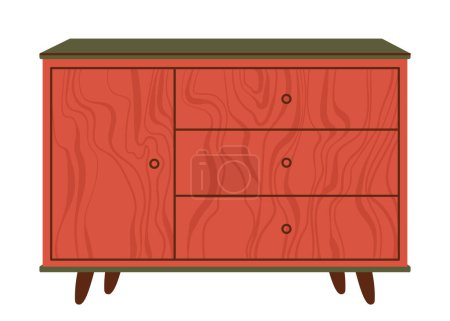 Pecho de cajones. Cómoda moderna de madera roja o cómoda para el interior del hogar. Muebles de almacenamiento de moda en estilo escandinavo para sala de estar. Ilustración vectorial plana aislada sobre fondo blanco.