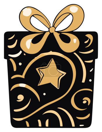 Illustration for A black gift box adorned with a lavish gold bow, creating an air of sophistication. The glossy finish adds a touch of luxury, making it perfect for birthdays, anniversaries, or holiday celebrations. - Royalty Free Image