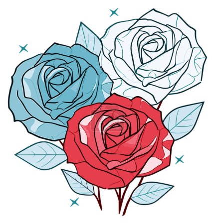 Téléchargez les illustrations : Illustration de trois roses dans les tons rouge et bleu avec un style line art - en licence libre de droit
