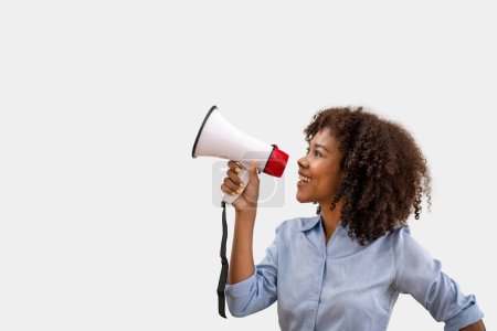 Black woman holding a megaphone. makes a powerful change. Spread the news by announcing