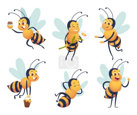 Illustration for Cartoon bee. Happy flying insect mascot bee nature honey delivers vector characters isolated. Mascot insect with honey, animal flying delivery illustration - Royalty Free Image