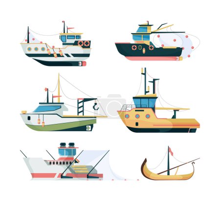 Ilustración de Barcos pesqueros. Navegación marina de transporte para la pesca de barcos grandes y pequeños vector de estilo plano. Ilustración transporte marítimo, pesca en barco náutico - Imagen libre de derechos