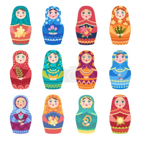 Illustration for Russian dolls. Authentic traditional toys matryoshka little girls with botanical decoration flowers vector colored collection. Russian doll souvenir, babushka matryoshka traditional illustration - Royalty Free Image