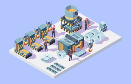 Illustration for Steel factory. Foundry metallurgy processes in factory interior isometric workers vector. Manufacture melted, engineering metalwork illustration - Royalty Free Image