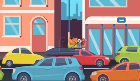 Illustration for Traffic jam in downtown. Morning road problems, cars on city street. People driving to office vector illustration. Road downtown transportation, city transport highway - Royalty Free Image