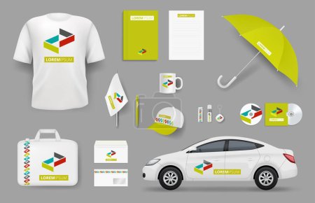 Business identity items. Corporate branding souvenir stationery office tools vector collection. Business identity branding, brand promotional illustration