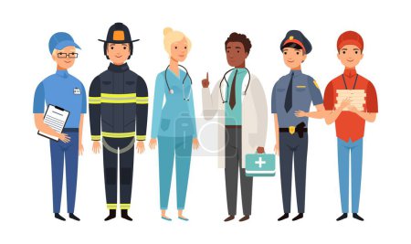 Illustration for Essential workers. Isolated frontliners group, people working on virus pandemic. Doctor policeman fireman postman delivery boy vector set. People illustration in uniform, healthcare employment safety - Royalty Free Image