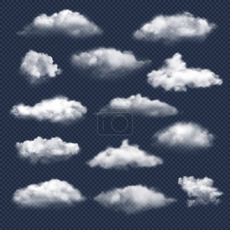 Téléchargez les illustrations : Nuages réalistes. Nature ciel symboles météo pluie ou neige nuage collection vectorielle. Nuage et ciel, météorologie nuageuse, illustration des éléments météorologiques - en licence libre de droit