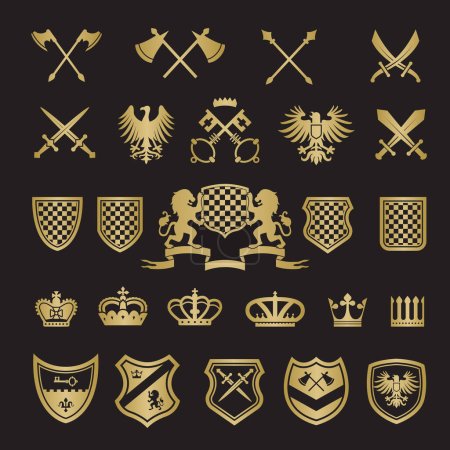 Illustration for Heraldic badges. Medieval stylized shapes swords shields crowns lions and knight ribbons for vector labels design projects. Illustration antique emblem, heraldic badge vintage - Royalty Free Image