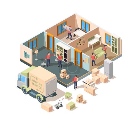 Illustration for House removal service. Company loader and transporting workers in new house men lifting sofa and boxes in truck vector outdoor isometric picture. Service removal truck, move delivery illustration - Royalty Free Image