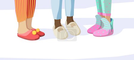Illustration for Legs in slippers. Pajama party concept kids in night clothes textile soft sandals vector pictures set. Girl comfortable clothing, footwear and slippers for pajama party illustration - Royalty Free Image