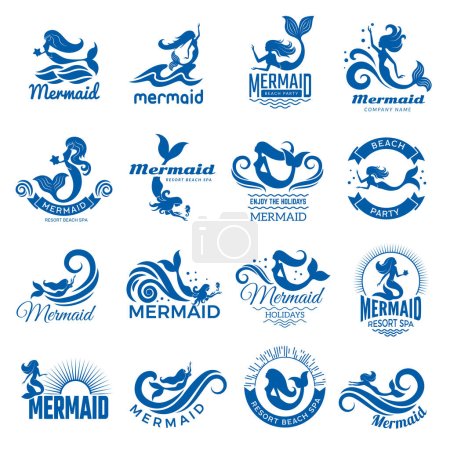 Illustration for Mermaid silhouettes. Fantasie swimming women with flippers and tails marine mermaid vector emblems collection. Illustration logo mermaid flipper, swimming drawing - Royalty Free Image