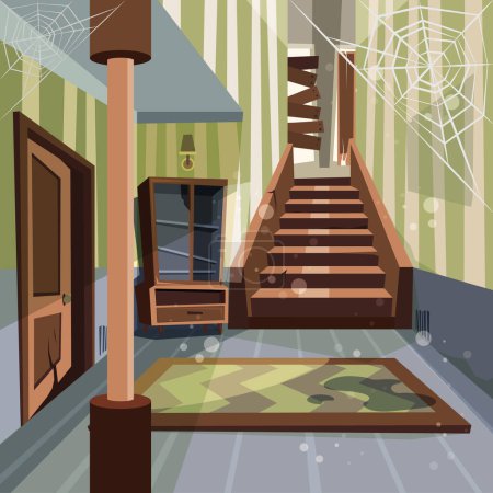 Illustration for Abandoned house. Broken interior room indoor nobody empty home abandoned building vector cartoon background. Abandoned empty, structure house room, broken interior illustration - Royalty Free Image
