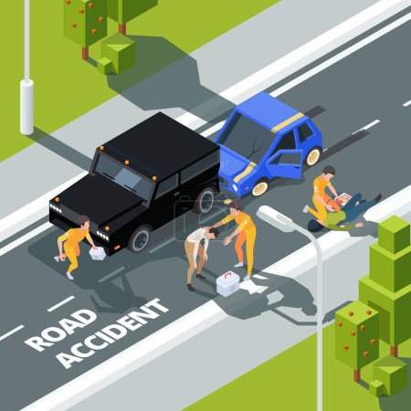 Illustration for Accidence road. Paramedic first aid help to people police and medical workers vector isometric background. First aid after driving accident on road illustration - Royalty Free Image