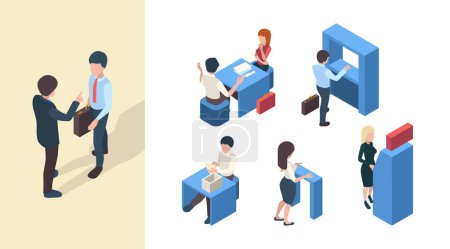Illustration for Bank clients. Business service managers reception banking customers office open spaces vector isometric people. Business bank and client, reception banking illustration - Royalty Free Image