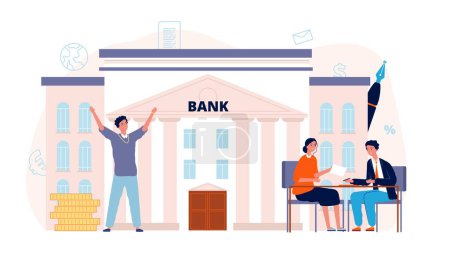 Illustration for Bank agreement. Loan, man signing contract with manager. Finance or investment, happy male businessman vector concept. Agreement and contract, investment official and legal signing illustration - Royalty Free Image