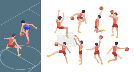 Illustration for Basketball game. Sport players in active action poses isometric basketball gamers vector set. Basketball game, basket professional athlete illustration - Royalty Free Image
