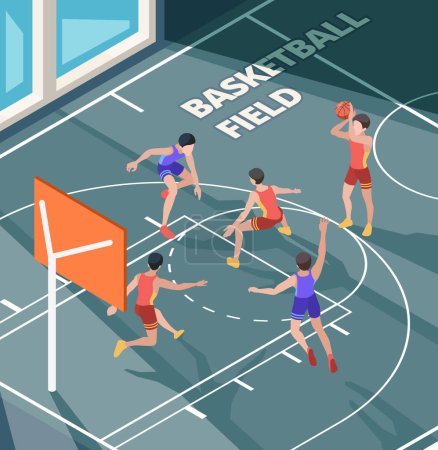 Illustration for Basketball field. Sport club active game players in action poses orange ball on court or floor vector isometric characters. Basketball play in court field, game with ball illustration - Royalty Free Image
