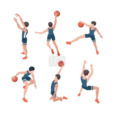 Illustration for Basketball players. Sport athletes playing in active games with ball healthy lifestyle vector isometric people. Illustration game player basketball - Royalty Free Image