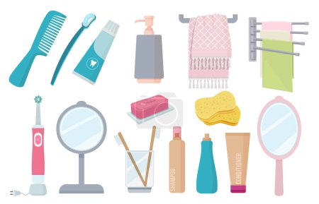 Illustration for Bathroom accessories. Toothbrush paste hygiene towel cream comb vector colorful items. Toothbrush and towel, shampoo hygiene, brush and toothpaste illustration - Royalty Free Image