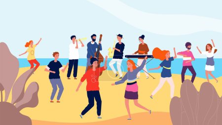 Illustration for Beach dance party. Happy crowd of people dancing near ocean. Teens free time and lifestyle. Vacations, travel or tourism vector illustration. Beach party summer, music and dance group - Royalty Free Image