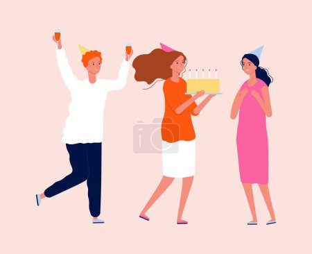 Illustration for Birthday celebrating. Friends with cake and drinks. Cute woman man on party vector illustration. Surprise and congratulation with present cake - Royalty Free Image