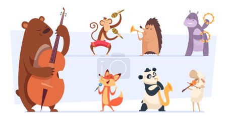 Illustration for Animals musicians. Wild cartoon zoo animals with musical instruments vocal and song play band with guitar violin vector funny set. Hedgehog and hippopotamus, melody play concert illustration - Royalty Free Image