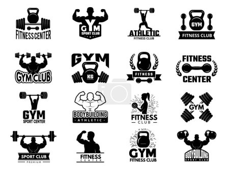 Ilustración de Deporte de insignias. Gimnasio deportivo logotipos vector conjunto. emblema de gimnasio de fitness, ilustración de la insignia de entrenamiento de culturismo - Imagen libre de derechos