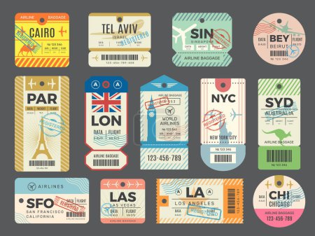 Illustration for Baggage retro tags. Traveling old tickets flight labels stamps for luggage vector set. Luggage tag ticket, airplane paper baggage card illustration - Royalty Free Image