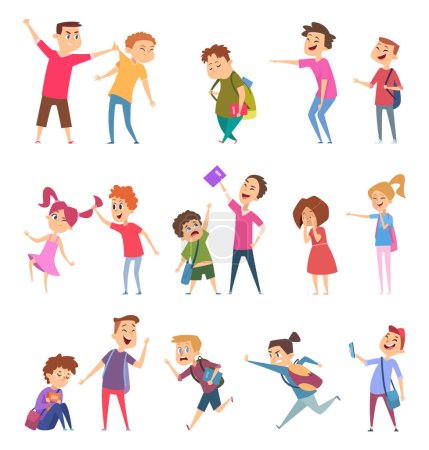 Illustration for Bullied characters. School kids conflict social problems of stressed people scared emotions vector cartoon illustrations. Bullying and conflict, social bully problem - Royalty Free Image