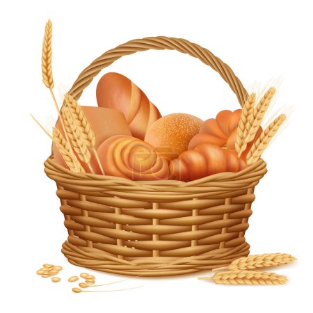 Illustration for Bakery basket. Fresh sweet sliced bread kitchen lunch products in basket vector realistic illustrations. Bread and food, croissant and baguette - Royalty Free Image