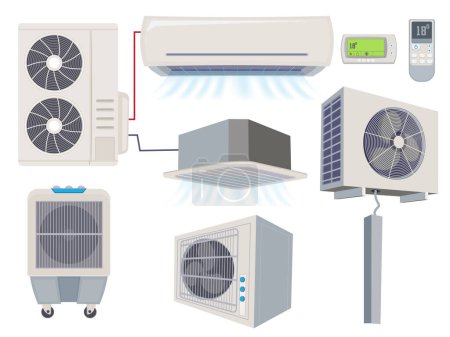 Illustration for Blow filter. Air conditioner ventilation systems home wind tools vector cartoon illustration. Air system conditioning, airconditioner ventilation - Royalty Free Image