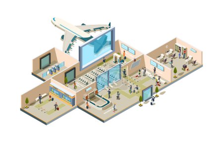 Illustration for Airport terminal. Boarding gate conveyor for luggage ticketing waiting room passengers and aviation personal characters isometric. Airport terminal, baggage, and waiting room illustration - Royalty Free Image