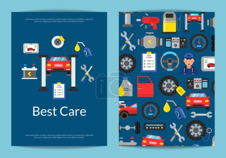 Illustration for Vector page card, flyer or brochure template for auto service or courses with flat style car service elements illustration - Royalty Free Image