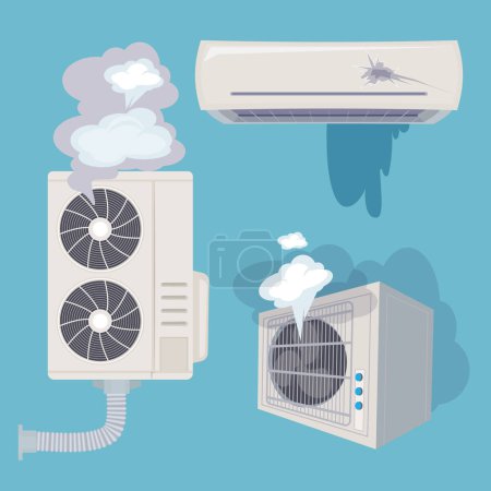 Illustration for Damaged conditioner. Broken home air systems wind ventilation efficient vector. Illustration conditioner brokenr, air control conditioning defect - Royalty Free Image