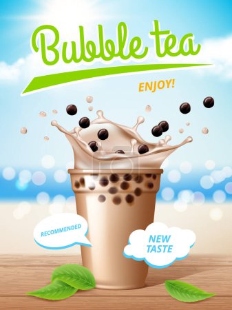 Illustration for Bubble tea poster. Flowing milk delicious tapioca drinks with splashes promotional placard vector. Tea tasty advertising, tapioca takeaway, splash bubble cocktail illustration - Royalty Free Image