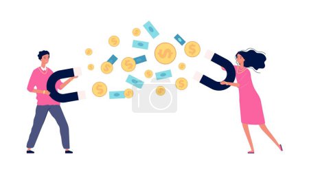 Illustration for Money magnete. Business woman and man with wealth. Rich people, isolated happy girl boy with coins, investment vector illustration. Income fortune financial, lottery luck, businesswoman and man - Royalty Free Image